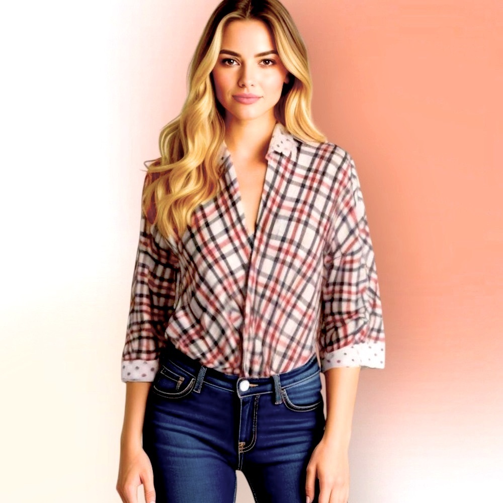 Love Stitch Red White & Blue Plaid Cotton Wrap Front Cotton Shirt Med